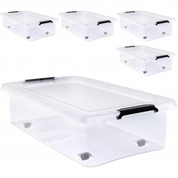 Caja de almacenamiento con tapa 4 piezas Set claro 60x40x17cm 30L, plástico transparente resistente, capacidad de 30 o 60 litros, organizador con tapa y 4 ruedas, libre de BPA