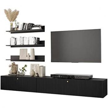 Conjunto de salón Hartford H110, Negro, Aglomerado Laminado y MDF, 250 x 40 cm, Con Mesa de TV y Partes Separadas