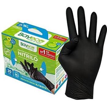 Bayeco - Guantes de un solo uso de Nitrilo - Color Negro - Ambidiestros - Dedos texturizados para mejor agarre - Terminación bordillo enrollado - Pack dispensador de 20 unidades - Talla M
