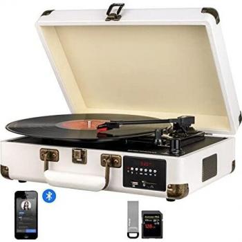 DIGITNOW! Tocadiscos Bluetooth de Cuero - Función Grabación, FM Radio, MP3,USB, SD, 3 velocidades, 33/45/78 RPM con Altavoces Incorporados