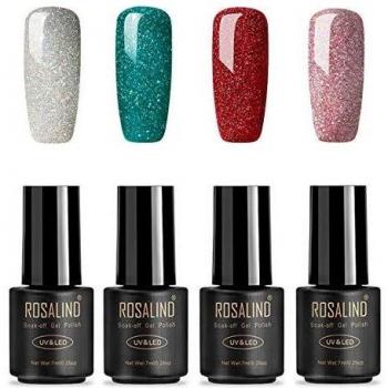 ROSALIND Esmaltes Semipermanentes de Uñas en Gel UV LED de Color Neon, 4pcs Kit de Esmaltes de Brillo Uñas 7ml