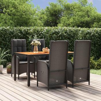 5-Piece Black Poly Rattan Garden Dining Set with Cushions
