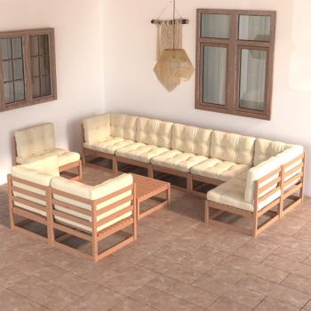 Juego de muebles de jardín 10 piezas con cojines de madera maciza de pino
