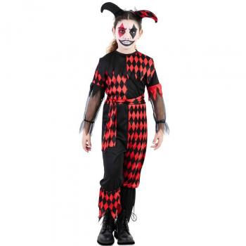 Disfraz de Bufona Siniestra para niña - Incluye vestido negro y rojo con estampado de rombos, gorro a juego, medias a rayas y maquillaje facial