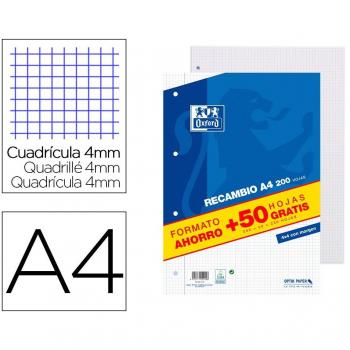 Recanvi Oxford DIN A4 250 Hojas Cuadrícula 4 mm con Márgenes (200 + 50 Hojas Gratis)