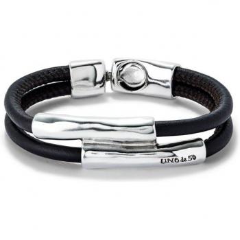 UNO de 50 Double Brown Leather Bracelet with Sterling Silver Tubes