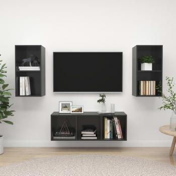 Juego de muebles de salón 3 piezas en madera de ingeniería gris brillante, incluye mueble TV, mesa de TV y mueble tele