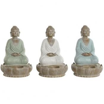 Figura Decorativa Home ESPRIT Blanco Verde Turquesa Buda Oriental 12 x 12 x 18,5 cm (3 Unidades)