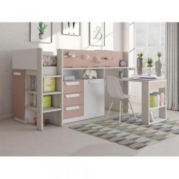 Cama 90 x 200 cm con Escritorio y Compartimentos - Rosa, Natural y Blanco + Colchón - LOUKALA
