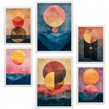Set de 6 Pósters Abstractos de Lunas Doradas para Decoración de Paredes - Ilustraciones en Tamaños A3 y A4, Sin Marco