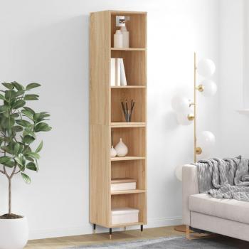Aparador alto de madera contrachapada color roble 34,5x32,5x180 cm con 3 estantes, mueble de almacenaje para salón, buffet y armario auxiliar