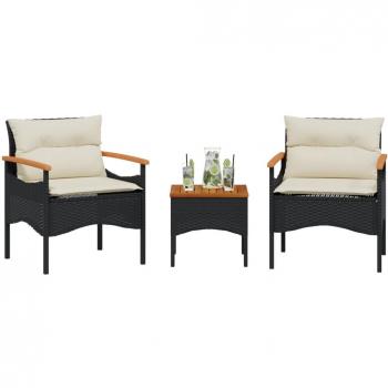 3-Piece Black Poly Rattan Garden Sofa Set with Cushions