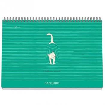 Planificador Perpetuo Semanal A4 Santoro Felines Wireo Verde con Tapa Semirrígida, Encuadernación Horizontal, 64 Hojas Impresas a Dos Colores
