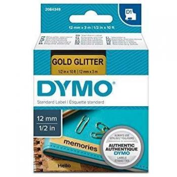 DYMO D1 - Cinta Laminada Autoadhesiva de Transferencia Térmica, 12 mm x 3 m, Negro Dorado Glitter, para Rotuladora LabelManager, Poliéster, Ref. 2084349/32948