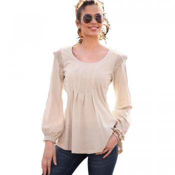 Camiseta Escote Redondeado y Manga Larga con blonda en Las sisas y el - 017911,Arena,S