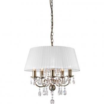 Lámpara colgante Olivia 5 bombillas latón antiguo cristal pantalla blanca
