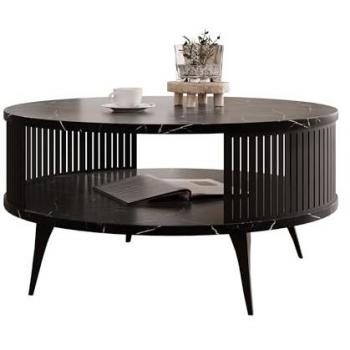 Mesa de centro redonda Oswego 118, negro y mármol negro, 44cm de altura, 75cm de diámetro, aglomerado laminado