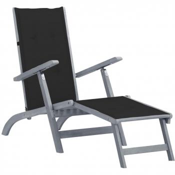 Solid Acacia Wood Outdoor Deck Chair with Footrest and Cushion