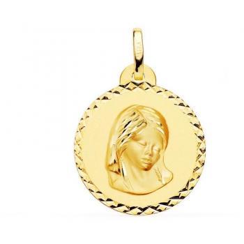 Medalla de Oro 18k Virgen Niña Primera Comunión 20 mm tallada cruzada