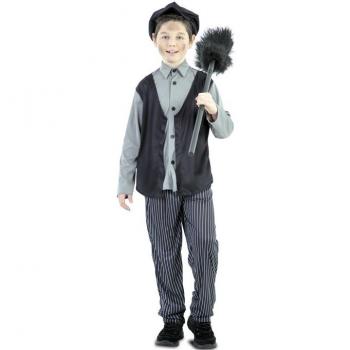 Disfraz de Deshollinador para niño, incluye chaqueta negra con detalles en gris, pantalones a juego, gorro negro y escoba de juguete