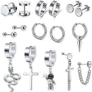 LIHELEI 16pcs Pendientes Hombre Plata en Forma de Cruz de Moda de Acero, Regalo Navidad- Plata