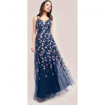 Goddiva Sleeveless Floral Mesh Maxi Dress - Navy