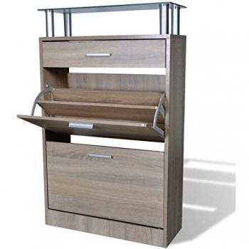 Zapatero de Madera Color Roble con un cajón y un Estante de Vidrio Superior