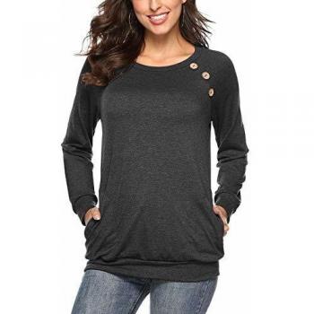 Martiount Camiseta de Manga Larga para Mujer con Bolsillo Botón Design Blusa Camisa Cuello Redondo Basica Camiseta Tops Otoño Casual T-Shirt Dark Gray XL