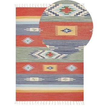 Alfombra Kilim de Algodón Multicolor 140 x 200 cm Tejida a Mano Reversible con Patrón Geométrico y Borlas
