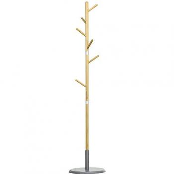 Perchero de Pie de Bambú HOMCOM con 8 Ganchos para Colgar Ropas y Bolsas, Diseño en Forma de Árbol, Dimensiones Ø37,8x175,6 cm, Color Natural y Gris