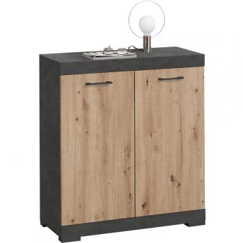 Cómoda FMD con 2 puertas color roble artesanal y gris, dimensiones 80x34,9x89,9 cm