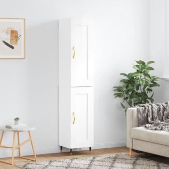 Aparador de madera contrachapada blanco brillo 34,5x34x180 cm con 1 puerta de madera, mueble de almacenaje para salón, buffet y armario auxiliar