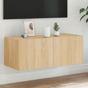 Mueble de TV de pared con luces LED 80x35x31 cm en roble Sonoma, color marrón, ideal para salón