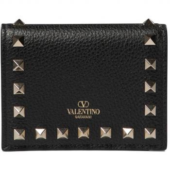 Valentino Women's Rockstud Grainy Leather Wallet and Card Holder in Black