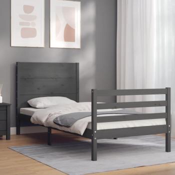 Cama individual de madera maciza con cabecero gris de 90x200 cm
