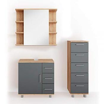Conjunto de muebles de baño Ilias, Roble/Antracita, 3 piezas con espejo y armario