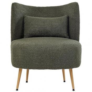 Sillón Otsby II con respaldo curvo, tapicería bouclé verde oscuro, patas de metal y madera clara, diseño glamuroso