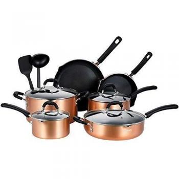 EPPMO Baterías de Cocina Inducción Antiadherente con Boquillas, Juego de Cocina de Aluminio Reforzado sin PFOA, Apta Para Todo Tipo de Cocinas, 12 piezas, Cobre, Bronce