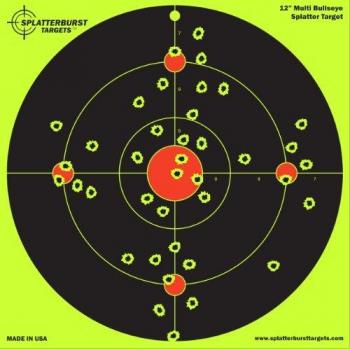Paquete de 25 - Splatterburst 30,5 cm Multi Bullseye Objetivo de disparo - Vea fácilmente los brillantes agujeros de bala fluorescentes - Excelente para todas las armas de fuego, armas, rifles, pistolas y pistolas de aire.