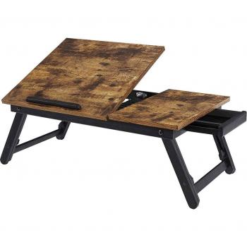 Escritorio portátil con tapa ajustable, bandeja para desayuno, patas plegables y altura ajustable, para pantallas hasta 15.6 pulgadas, marrón rústico