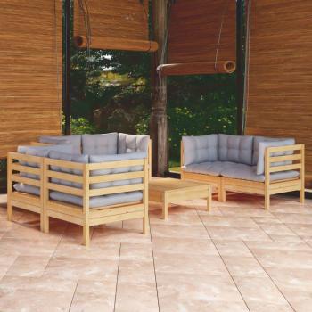 7-Piece Solid Pine Garden Lounge Set with Gray Cushions