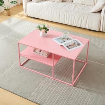 Mesa de Centro Rectangular Solund de Acero con Estante Inferior 45x90x60 cm - Rosa