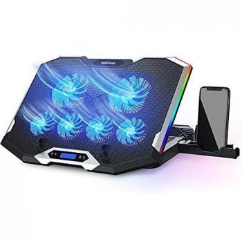 TopMate C11 Base Refrigeradora Portatil, Refrigeracion para Portatil Juegos RGB para Portátiles de 15,6-17,3, Base Portatil con 6 Azul Ventilador+5 Altura Ajustables, Pantalla LCD+Soporte Teléfono