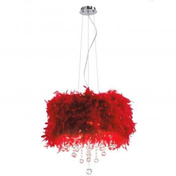 Lámpara colgante Ibis con pantalla de plumas rojas, 3 bombillas, cromo pulido y cristal