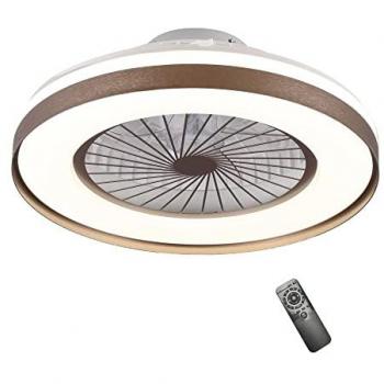 Ventilador de techo Plafón LED DC Yoli 40W 2800lm Regulable con Temporizador y mando, Dimable, Aspas Invisibles, Marrón y Blanco
