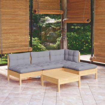 5-Piece Pinewood Garden Lounge Set with Gray Cushions