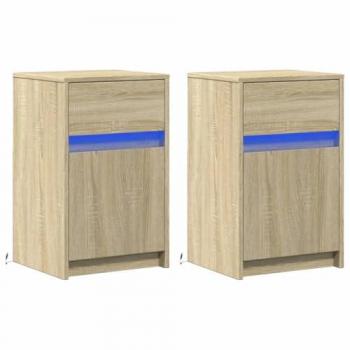 Mesitas de noche luces LED 2 uds madera ingeniería roble Sonoma Marrón
