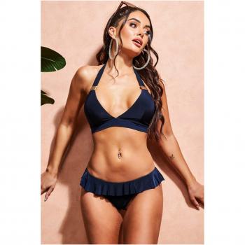 Goddiva Ruffle Brief Buckle Bikini - Navy Silk - Size Small