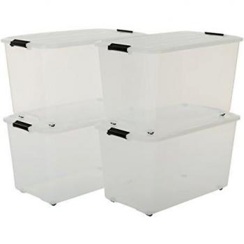 Caja de almacenamiento de plástico Iris Ohyama 70L, lote de 4, transparente y apilable con clips de cierre