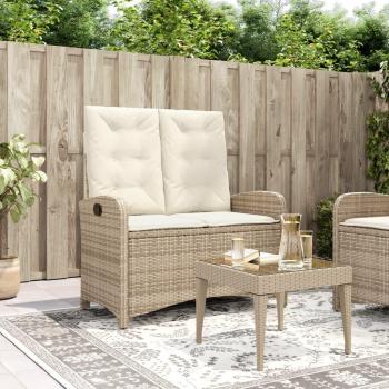 Banco reclinable de jardín con almohadas beige de Polyrattan